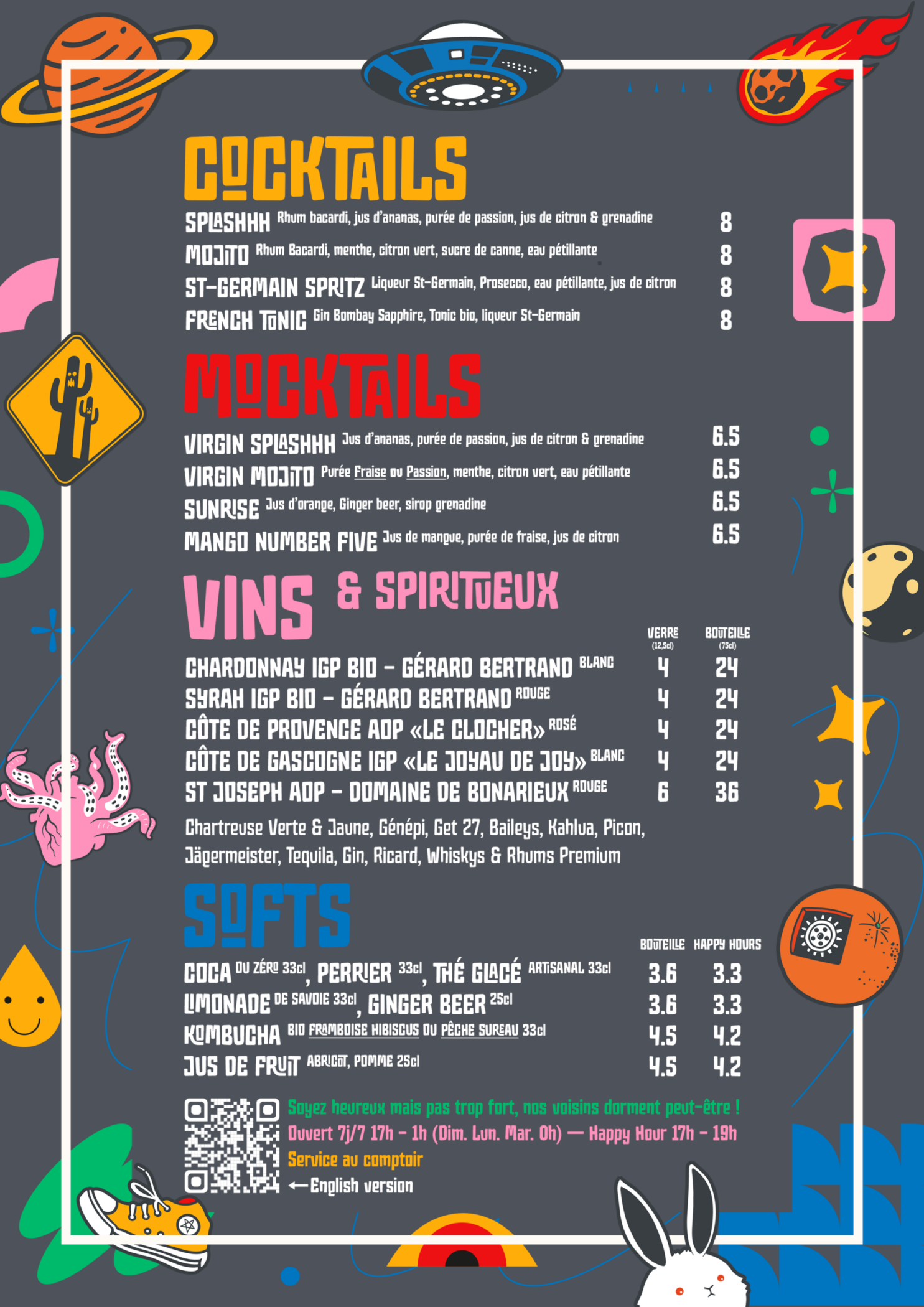 Carte Boissons Vins Cocktails Mocktails Softs Splashhh bar grenoble