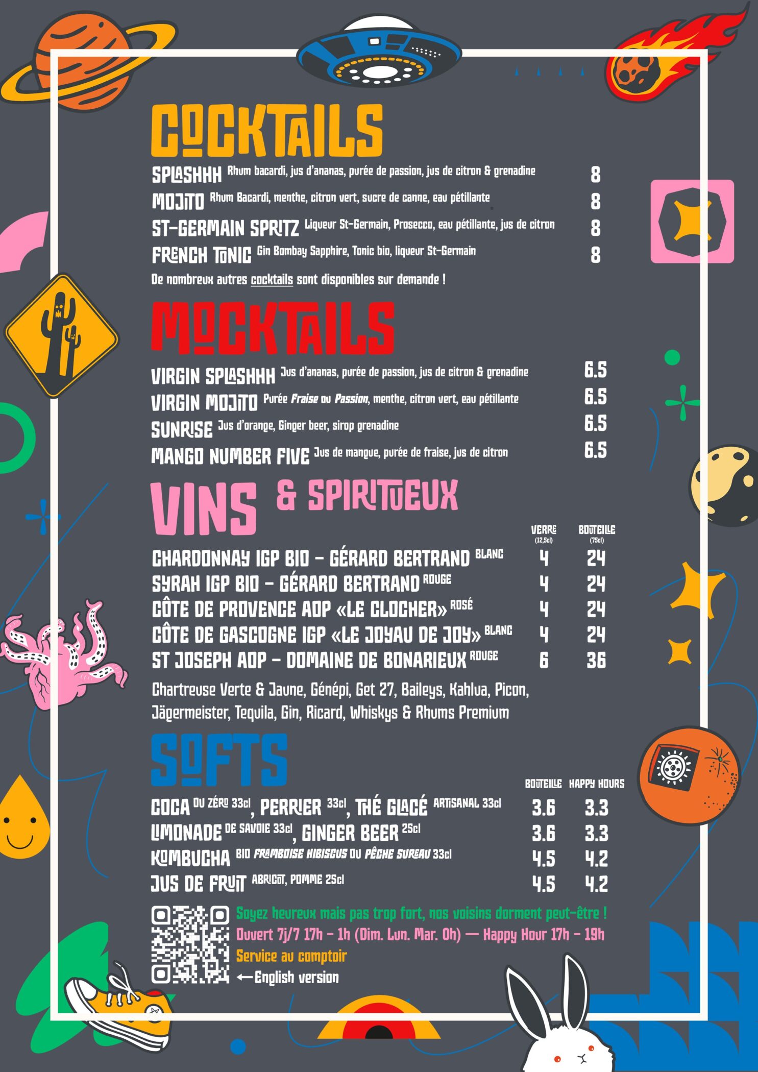 Carte Boissons Vins Cocktails Mocktails Softs Splashhh bar grenoble